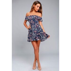 NWT Lulus My Favorite Navy Blue Floral Print Off-the-shoulder Dress - Size M